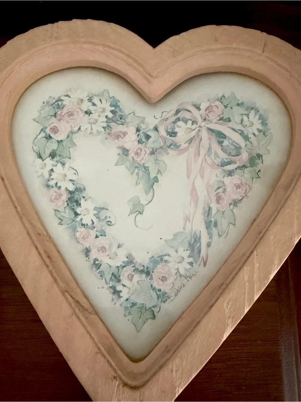Vintage Heart Wreath Floral Art Cottage Shabby Chic Peach Faux Wood Wall Art